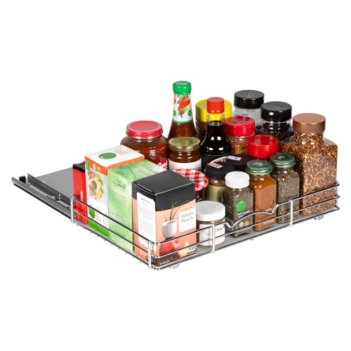 Pull-Out Cabinet Spice Rack Organizer - Slim Slide-Out Storage for Spices, Bottles & Jars, Premium Heavy-Duty Steel, Easy Install for Narrow Kitchen Cabinet - 16 ⅜ W x 10 ½ D x 2 ¾ H, Chrome - size: 16 Inch - Single