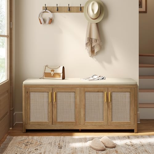 VASAGLE ELLAN Collection - Boho Shoe Bench with Cushion, Entryway Storage Bench with 4 Rattan-Look Cabinet Doors, Rounded Corners, Adjustable Shelf, for Bedroom Under Window, Natural Brown ULSB502KC01 - color: Natural Brown, size: 13.8"D x 47.2"W x 20.9"H