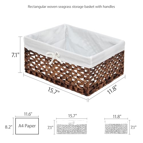 Rectangular Woven Seagrass Storage Bin with Handle,Kingwillow. (water hyacinth, Large) - size: Large