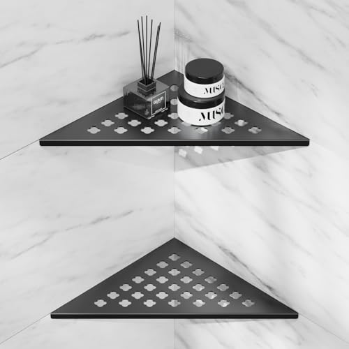 lives Shower Corner Shelf 10" Slot Design Corner Shelves for Inside Shower, 304 Stainless Steel Recessed Bathroom Shelves for Tiled Wall, Black 2 Pack (Floral) - color: Black-floral Pattern, size: Triangle-2pcs