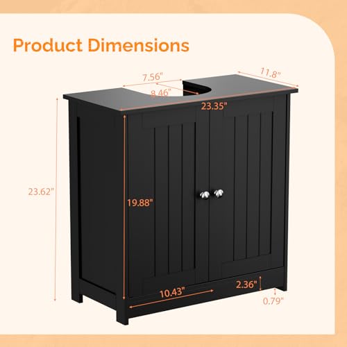 Bonnlo Pedestal Sink Storage Cabinet, 24" Black Under Sink Bathroom Storage Cabinet with 2 Doors and Adjustable Shelf, Traditional Bathroom Space Saver Organizer for Small Spaces, Water-Resistant - color: Black