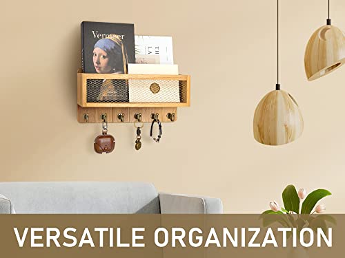 Rebee Vision Farmhouse Key and Mail Holder for Wall with Mesh Mail Basket : Decorative Mail Organizer Wall Mount with 6 Retro Key Hooks - Rustic Home Decor for Entryway (Light Brown) - color: Yellow