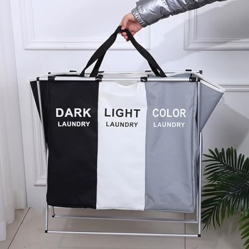 TEEM 3-Section Laundry Basket Organizer, Foldable Hamper with Dividers, 150L Large Capacity, Waterproof 600D Oxford Fabric, Freestanding Lightweight Clothes Sorter Bedroom, Dorm, Bathroom (24x15x26in)