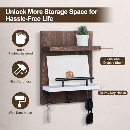 Key Holder Wall Mount, Key Holder With 2 Display Shelf, 3 Hooks for Key, Coat, Dog Leash, Key Hanger with Hook for Mail, Potted Plant, Farmhouse Mail Holder, Entry Way Organizer (Brown & White) - color: Brown & White