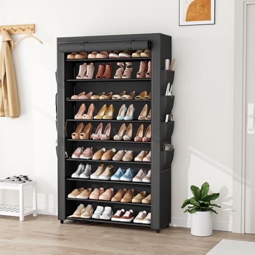 Shoe Rack with Cover, 10 Tier Shoe Organizer Storage for 40-50 Pairs Sneaker and Boots, Large Capacity, with 8 Pockets, Free Standing Tall Shoe Rack for Front Door Entrance, Closet - color: Black