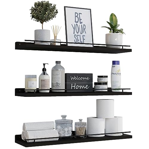 WOPITUES Floating Shelves 24 inch with Gold Metal Guardrail, Shelves for Wall Decor Set of 3, Wall Shelves for Bedroom, Bathroom, Kitchen, Living Room, Plants, Picture Frames, Art- Black - color: Black, size: 23.6 inch
