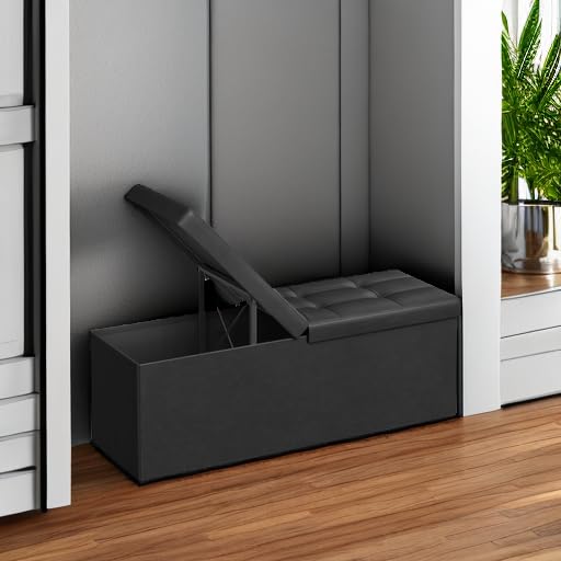 SONGMICS MAZIE Collection - 43 Inches Storage Ottoman Bench with Flipping Lid, Storage Chest with Iron Frame Support, Load 660 lb, for Living Room, Bedroom, Synthetic Leather, Black ULSF75BK - color: Black, size: 15"D x 43"W x 15"H