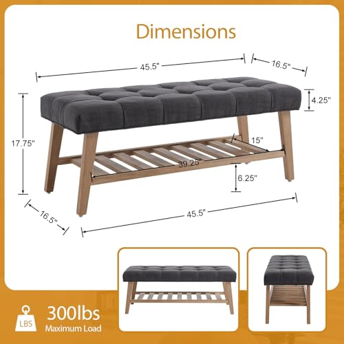 Farmhouse Storage Entryway Bench with Shoe Shelf, Linen Fabric Upholstered 2 Tier Button Tufted Bench with Wooden Frame for End of Bed/Hallway/Reception/Living Room, Charcoal - color: Charcoal
