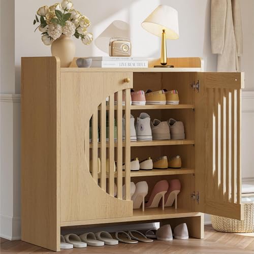LIKIMIO Shoe Cabinet with Adjustable Shelves, 4-Tier Shoe Storage Cabinet with Slatted Doors, Freestanding Wooden Shoe Cabinet Storage for Entryway, Hallway, Living Room, Oak Natural - color: Oak Natural