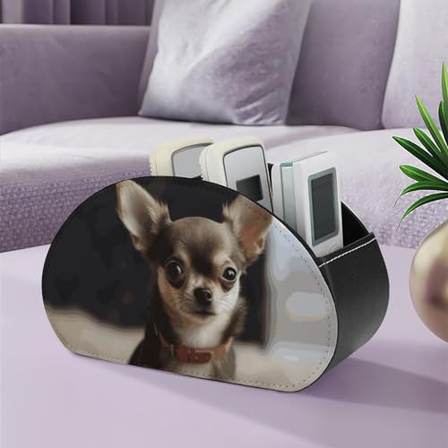PU Leather Remote Control Organizer Box 5-Slot Multifunctional Cute Chihuahua Storage Holder for TV/DVD/Accessories Stylish Desk Decor for Living Room, Bedroom, Office - color: Cute chihuahua