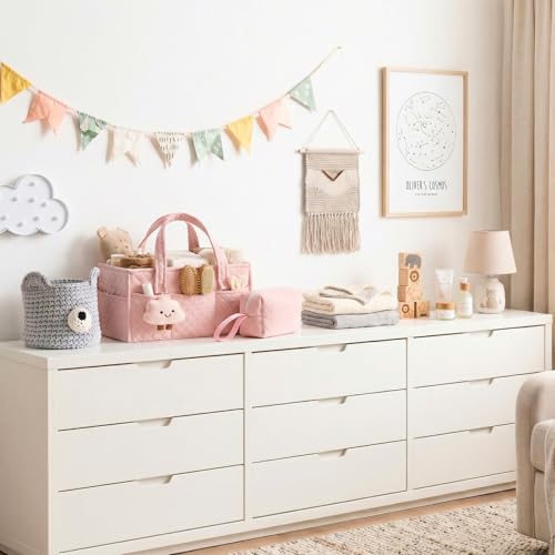 PeraBella Baby Diaper Caddy Organizer, Baby Basket Shower Gift, Portable Changing Table Basket, Postpartum Caddy & Tote Bag Pouch, Newborn Boy & Girl Nursery Essentials Registry, Car Diaper Organizer - color: Blush Pink
