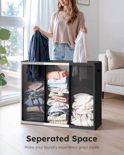 SOLEDI Laundry Hamper 3 section with lid and 3 Pcs Bag, Large Hamper 3 compartment 180L, Laundry Basket Laundry sorter Clothes hamper for Laundryroom Bedroom Blanket Storage Organizer - color: Black/White/Grey, size: 180L