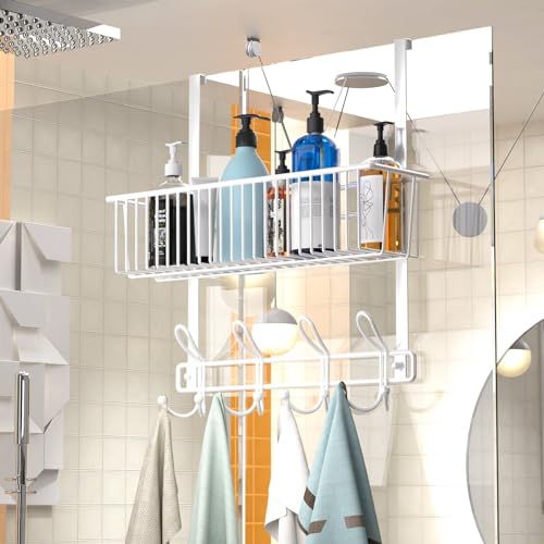 Kaiferty Over The Door Hooks Organizer,Door Hanger Door Storage with Basket,Over The Door Towel Rack Coat Hooks with 12 Hooks,for Bathroom,Bedroom,Kitchen,Office,Apartment(White) - color: 1 Wire Basket-White
