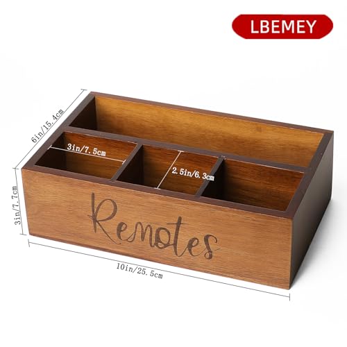 LBEMEY Acacia Wood Remote Control Holder Caddy, TV Organizer for Table, Vintage Farmhouse Desk Caddy (Brown-for 6+ Controls)