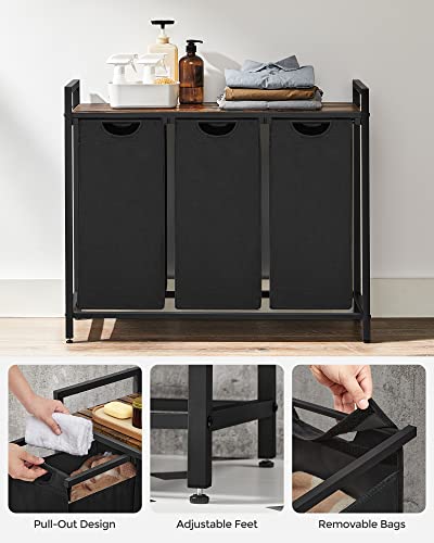 VASAGLE Laundry Hamper, Laundry Basket, Laundry Sorter with 3 Pull-Out and Removable Bags, Shelf, Metal Frame, 3 x 10.6 Gallons (40 L), 36.4 x 13 x 28.4 Inches, Ink Black and Rustic Brown UBLH301B01 - color: Black + Rustic Brown, size: 3 Bags - 120 L
