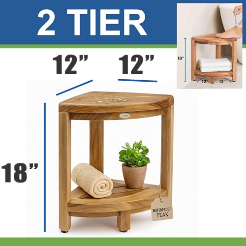 EcoDecors Fully Assembled SnazzyCorner® 18" Teak Shower Bench, Corner Shower Stool, w Shelf in Earthy Teak Finish, Compact Fit for Small Bathrooms & Walk-in Showers – Slip-Resistant Feet, Sauna Bench - size: 2 tier Fully Assembled