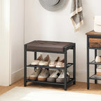 HOOBRO Small Shoe Bench, 3-Tier Shoe Rack, Shoe Storage Bench with PU Seat Cushion, Entryway Shoe Rack Bench with Metal Mesh Shelves, Freestanding Shoe Organizer for Hallway, Brown CB33HX01 - color: Brown + Black