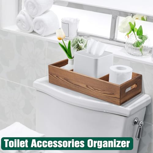 14 Inch Wood Bathroom Basket with Removable Dividers - 3 Comparments Wooden Toilet Paper Basket with Handle for Back of Toilet Tank Topper - Storage Organizer for Bathroom Kitchen Pantry Organization - color: Brown