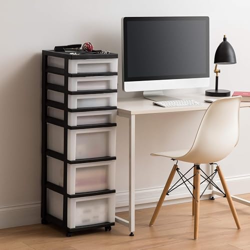 IRIS USA Plastic Drawer Storage Organizer Rolling Cart, with Wheels Casters, 2-Pack, 7-Drawers, for Classroom Art Craft Supplies Dresser Closet Bathroom Laundry Room, Black/Pearl - color: Black, size: 7 Drawer with Wheels - 2 Pack