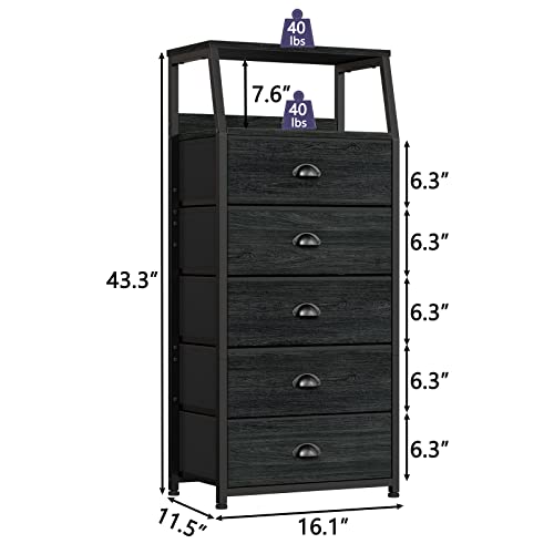 Furnulem Black Dresser with 5 Drawers, Vertical Storage Tower Fabric Dresser for Bedroom, Hallway, Entryway, Nursery, Closet Organizer, Nightstand Bedside Table Furniture, Sturdy Steel Frame, Wood Top - color: Black Oak, style: 5 Drawers