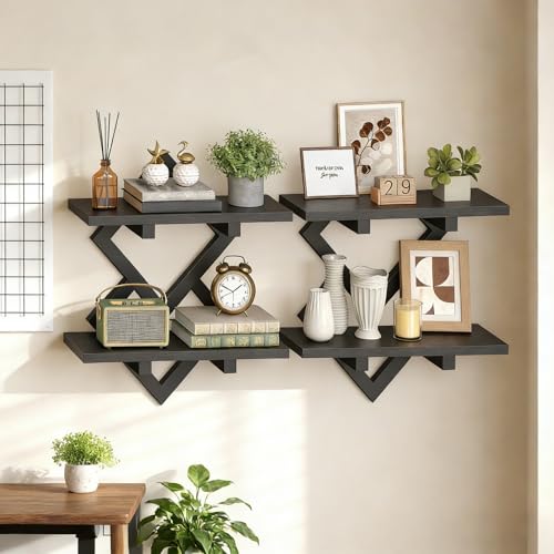 HOOBRO 15" Floating Shelves for Wall, Set of 2 Wall Shelf, 2-Tier Hanging Shelves, Wall Mounted Storage Shelf, Display Rack, for Living Room Bedroom Kitchen Bathroom, Black BB14BJP201 - color: Black
