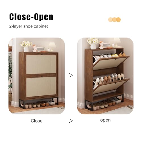Narrow Slim Shoe Storage Cabinet with Flip Drawer, 25.6" W Hidden Shoe Cabinet for entryway, Linen Decor Shoe Organizer with Metal Base for Small Space (Walnut, 2-Drawer-No Divider) - color: Linen-walnut, size: 2-Drawer-No Divider