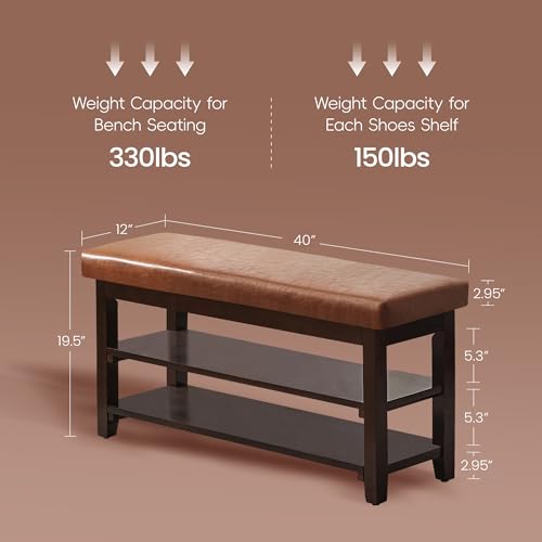 40" Shoe Bench with Leather Cushion, 2-Tier Shoe Rack Entryway Bench, Wood Bench for Front Door Entrance, Mudroom, Hallway, Wooden Shoe Shelves, Shoe Organizer, Shoe Storage, Light Brown - color: Light Brown