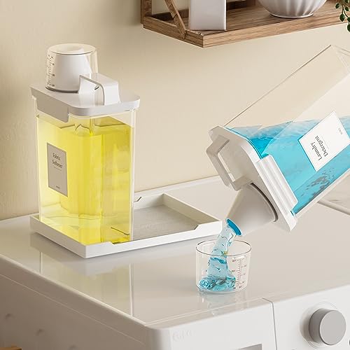 61OZ Laundry Detergent Dispenser Container, 2 Pack Liquid Laundry Dispenser, Plastic Detergent Dispensers for Laundry Powder/Fabric Softener with Tray 6 Labels, Clear - color: 2Pack 61OZ With Tray