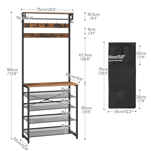 HOOBRO Hall Tree with Bench, Entryway Coat Rack with Shoe Rack, Shoe and Coat Rack, 5 Tier Shoe Storage Organizer with Oxford Fabric Side Pockets, Adjustable Mesh Shelves, Rustic Brown BF75MT01