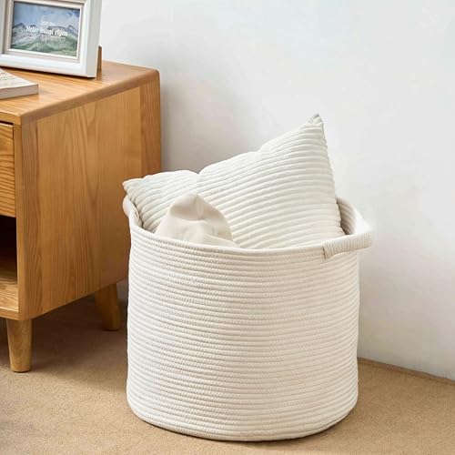 Blanket Basket - Woven Round Rope Storage Basket (16" Wx14 H) for Blankets & Throws, Small Laundry & Toy Organizer, Decorative Living Room & Bedroom Cotton Basket - All White - color: All White, size: Regular-16"Wx14"H