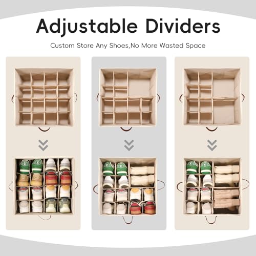 Shoe Organizer Box 2 Pack, Shoe Storage Organizer with Clear Cover, Adjustable Dividers Fits 16-32 Pairs, Fabric Shoe Organizer for Closet, Beige - color: 2 Pack -Beige