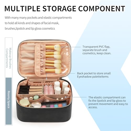 OCHEAL Makeup Bag, Portable Cosmetic Bag, Large Capacity Travel Makeup Case Organizer, Black For Women Toiletry Bag for Girls Traveling With Handle and Divider - color: 001_Black, size: Medium