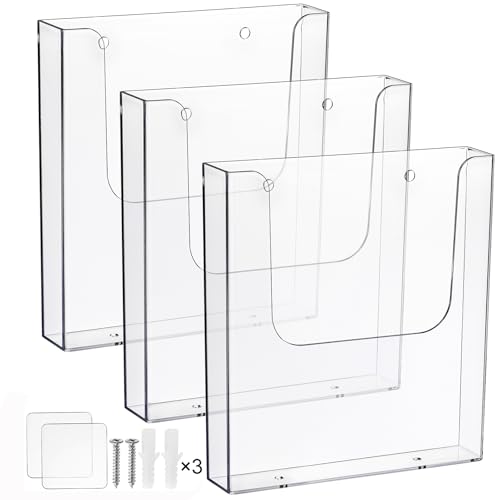 Suwimut 3 Pack Acrylic Brochure Holder, 8.5 x 11 Inch Brochure Holder Wall Mount, Clear Literature Organizer Pamphlet Flyer Display Plastic Magazine Holders for Wall
