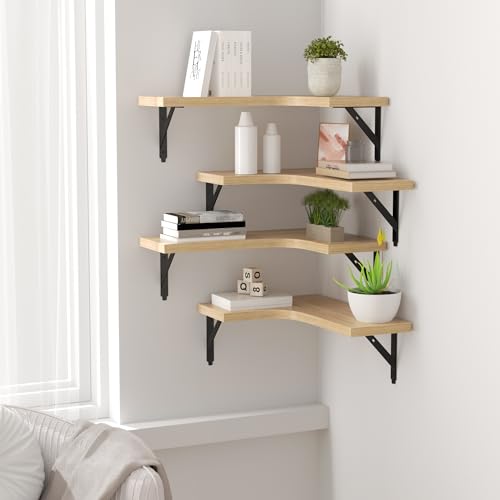 ROMGUAR CRAFT Corner Floating Shelves Wall Mounted Set of 4, Rustic Wood Storage Display Shelves for Home Decor, Bathroom, Kitchen, Bedroom, Living Room, Office (Natural) - color: Natural