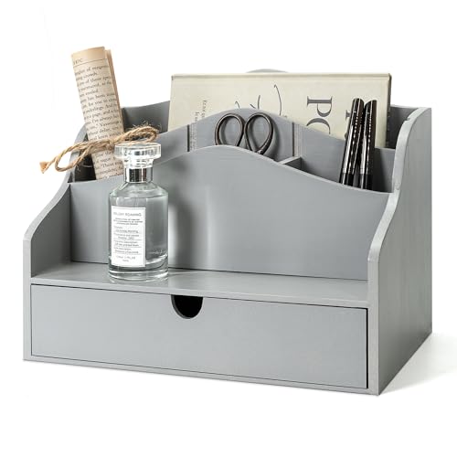 Rebee Vision Pine Wood Mail Organizer for Desk - Minimalist Rustic Style Countertop Mail Sorter for Letters, Files & Magazine - Wooden Folder Organizer with Drawer for Office Desk & Home Decor (Gray) - color: A-Gray