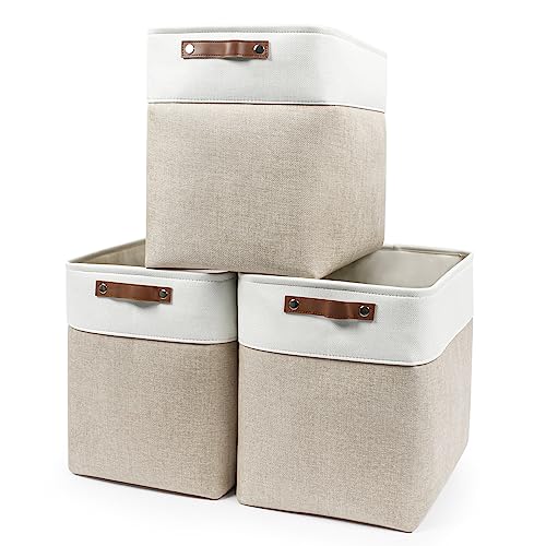 Bagnizer Large Fabric Storage Baskets | 50L Storage Bins, Decorative Linen Closet Baskets with Handles for Organizing, Shelf, Toys, Clothes, Home, Office, Nursery, 17x12x15Inches (Beige&White) - color: Beige / Off-White, size: Extra Large -17"x12"x15"