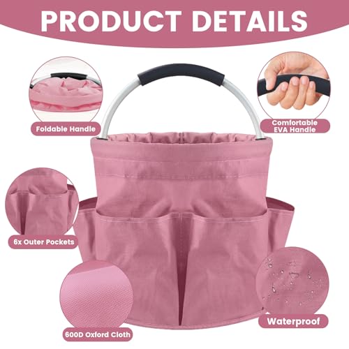 Cleaning Caddy with Handle and 6 Pockets, 17L Cleaning Supplies Organizer, 600D Oxford Fabric Storage Basket, Multifunctional Bucket Bag for Picnics, Camping, Gardening, Bathing (Pink) - color: Pink