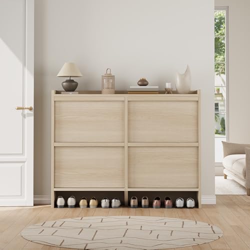 GarveeHome Shoe Cabinet with 4 Flip Drawers, Wooden Shoe Organizer Cabinet with Adjustable Shelf, Shoe Storage for Entryway, Hidden Shoe Cabinet for Hallway, Living Room, Natural Oak - color: Natural Oak, size: 4-Drawers
