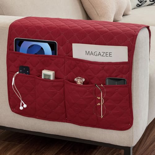 Sofa Armrest Organizer Waterproof Armchair Caddy for Couch Remote Control Holder for Recliner Non Slip Recliner Caddy with 6 Pockets for Magazine, Tablet, Phone, iPad, Wine Red - color: Wine Red