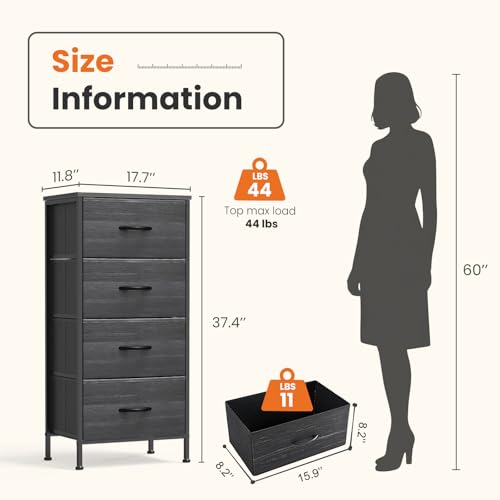 Sweetcrispy Nightstand Small Bedroom Dresser with 4 Fabric Drawers,Bed Side Furniture End Table,Wooden Top Cabinet Night Stand Dresser for Closet,Entryway,Dorm,Black Wood Grain - color: Black Wood Grain, size: 17.7"D x 11.8"W x 37"H (4 Drawers)