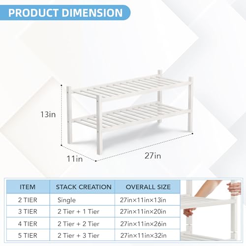 2 Tier Bamboo Shoe Rack Storage Organizer for Closet, Multifunctional Stackable Free Standing Shoe Shelf Organizer for Small Space,Entryway, Hallway, Bathroom27 x11 x13 (White, 2 Tier) - color: White, size: 2 Tier