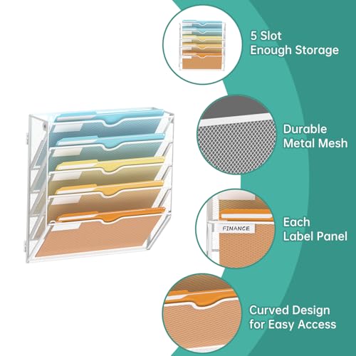 SUPEASY 5 Tier Wall File Organizer, Hanging Wall Mounted Mail Organizer with Label Slots, Metal Mesh File Holder Magazine Rack for Office, Home, School or Classroom, White - color: White, size: 5-Tier