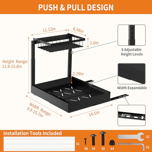 CAWIU 2-Pack Expandable Under Sink Organizers and Storage, 2-Tier Adjustable Pull-Out Cabinet Organizers, Slide-Out Shelves with Width (9.9"-15.7") & Height (11.6"-15.6") for Kitchen & Bathroom