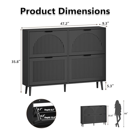 BORNOON Shoe Cabinet for Entryway with 4 Flip Drawers, Slim Wooden Shoe Storage Organizer with Modern Fluted Pannel，Freestanding Narrow Hidden Shoe Rack for Hallway, Foyer, Living Room - color: Black, size: 4 Flip Drawers