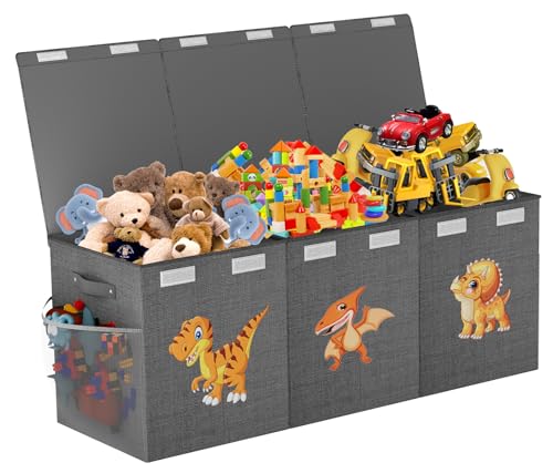 Extra Large Toy Box Chest, Collapsible Sturdy Toy Storage Organizer Boxes Bins Baskets Dinosaur Kids Toy Chest Bin with Lids for Boys Girls Living Room Playroom Bedroom Nursery 41"x14"x16" Gray - color: Grey－3