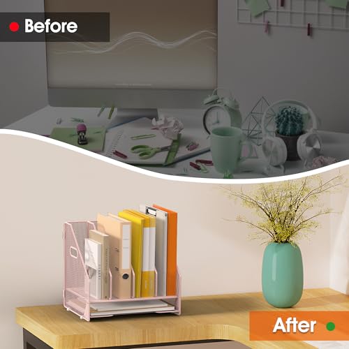 Desk File Folder Holder Organizer-4 Vertical Compartments Racks and Paper Letter Tray,Mesh Magazine File Holder Sorter,Desktop Accessories & Workspace Organizers for Home,Office,School-Pink - color: 4 Compartments-pink