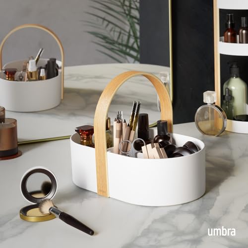 Umbra Bellwood Caddy, Organizer Bin for Makeup and Cosmetics, Durable Lightweight Container with Wooden Handle and Removable Dividers, Small, White/Natural - color: White/Natural, size: Small