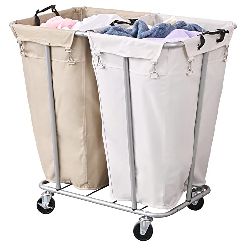 PLKOW Laundry Cart with Wheels 280L Large Laundry Sorter 2 Section for Commercial/Home, Rolling Laundry Cart with Steel Frame and Removable Bag, 8 Bushel, 32.3L x 19.7W x 31.5H Inch - color: Oat+White-280L