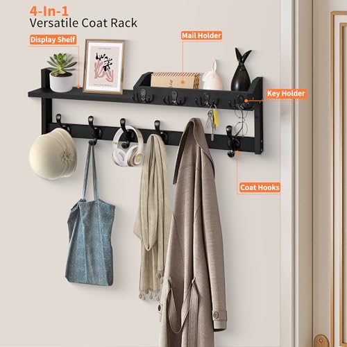 Coat Rack Wall Mount with Shelf, 27.5" Entryway Wall Hanging Shelf, Coat and Key Hanger with 10 Dual Hooks, Mail Organizer and Key Holder Hat Rack for Wall, Wood Coat Hooks with Storage - color: Black