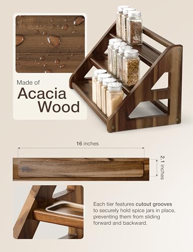 Tinamo Acacia Wood Spice Rack - Wooden 3-Tier Spice Rack Organizer for Countertop or Cabinet – Kitchen Spice Organizer and Seasoning Organizer Shelf (Walnut) - color: Walnut